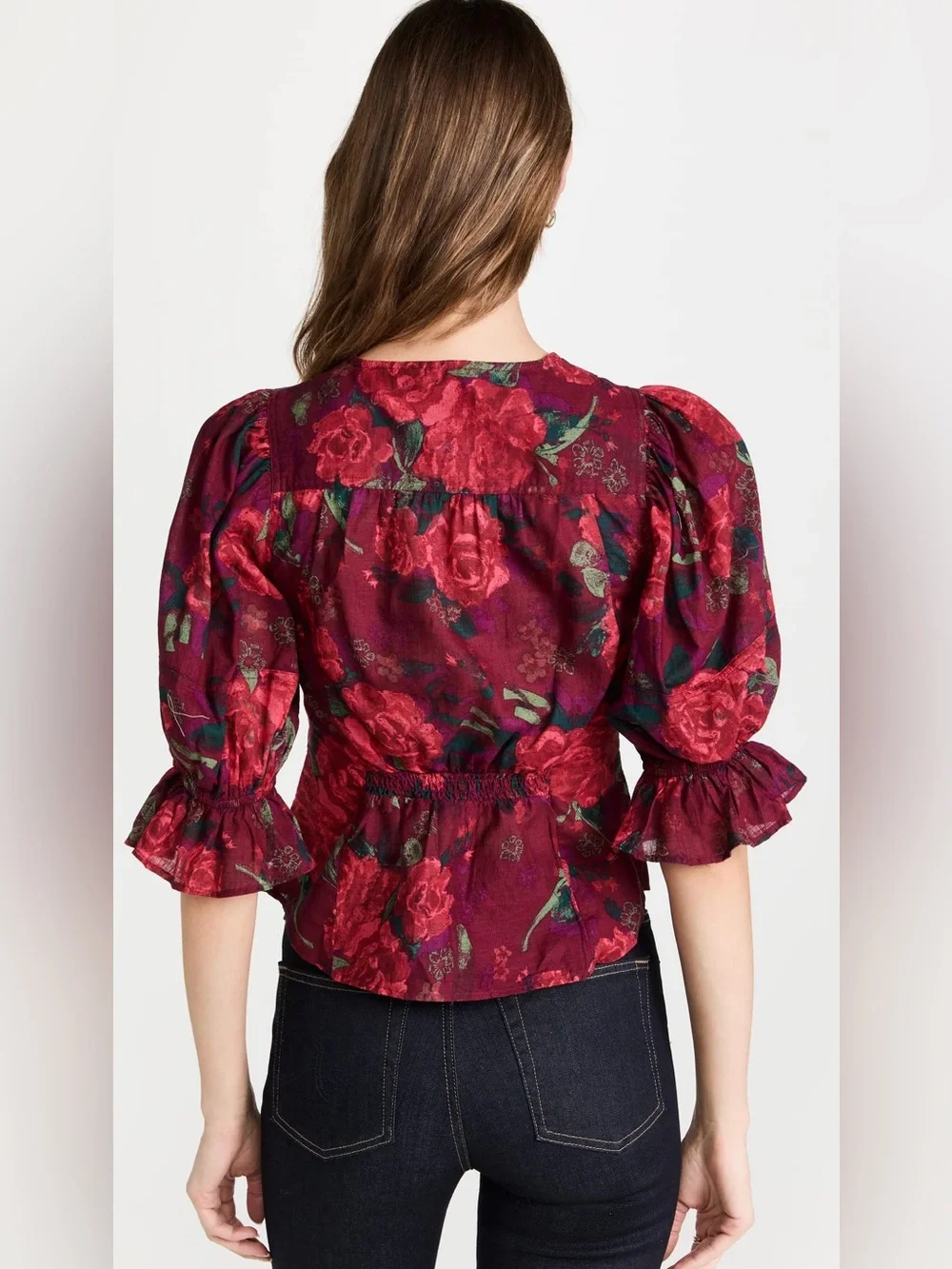 Free People Wine Rose Print Puff Sleeve Blouse